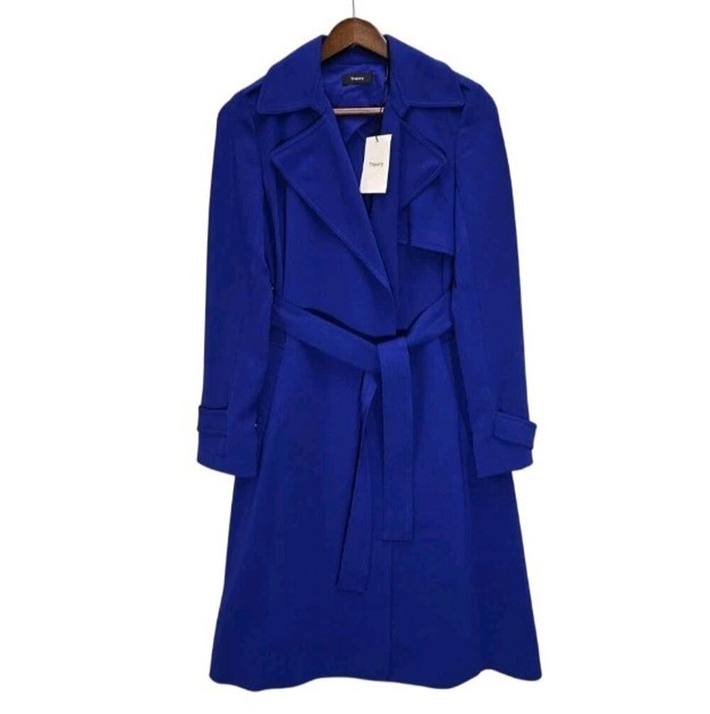 Theory Oaklane B Admiral Crepe Trench Coat Cosmic Blue Belted Size P XS $595 NWT